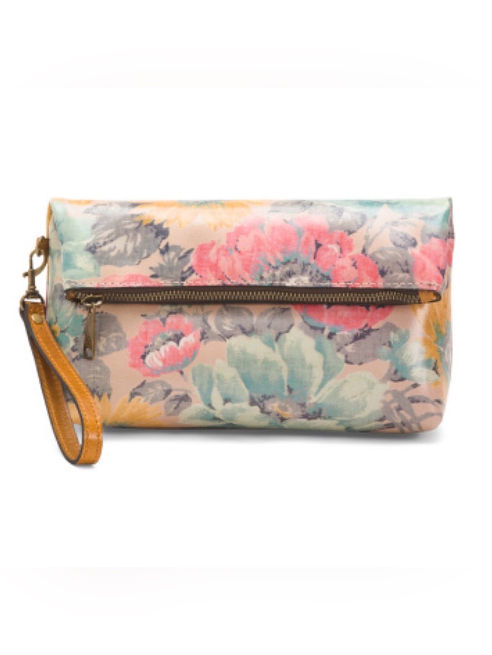 Patricia Nash Italian leather Floral  pastel colorful Foldover Wristlet Clutch